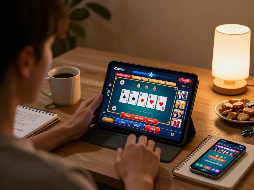 A person playing on kuwin casino app on a tablet in a cozy home setting, showcasing an engaging online gaming experience with poker cards visible.