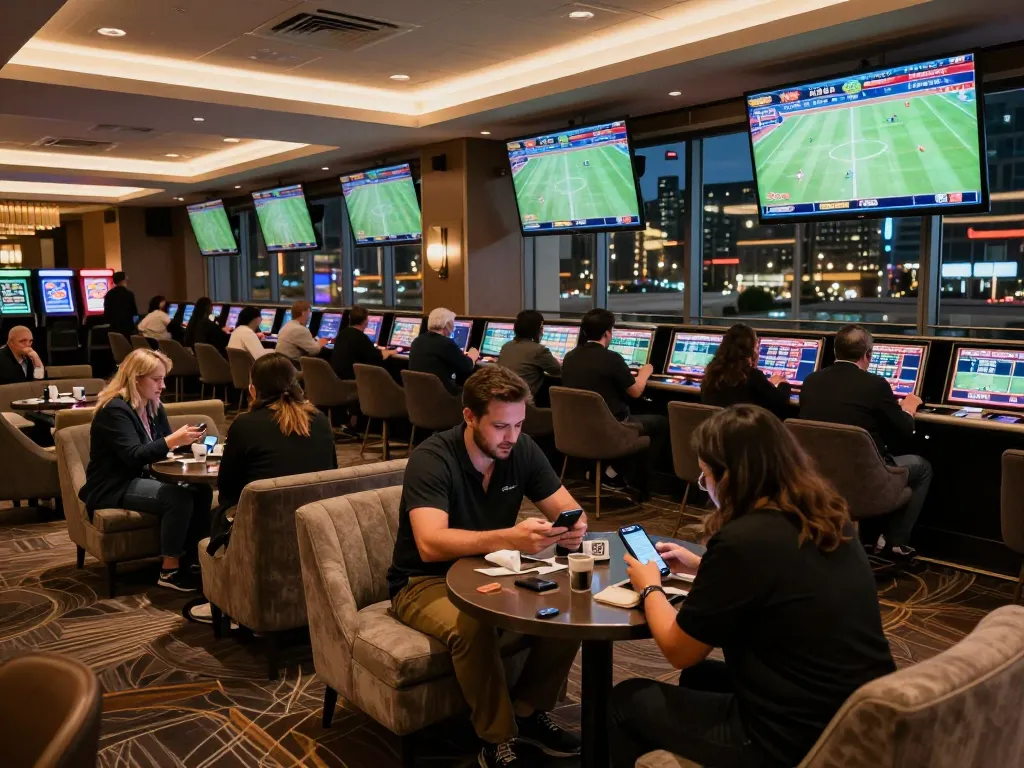 Patrons analyzing ty le ca cuoc while enjoying a thrilling sports betting experience in a modern casino lounge