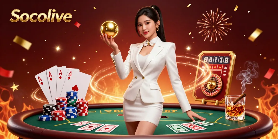 Socolive delivers an exciting gaming experience with dynamic poker elements, showcasing a confident Asian woman capturing the essence of high-stakes gambling.