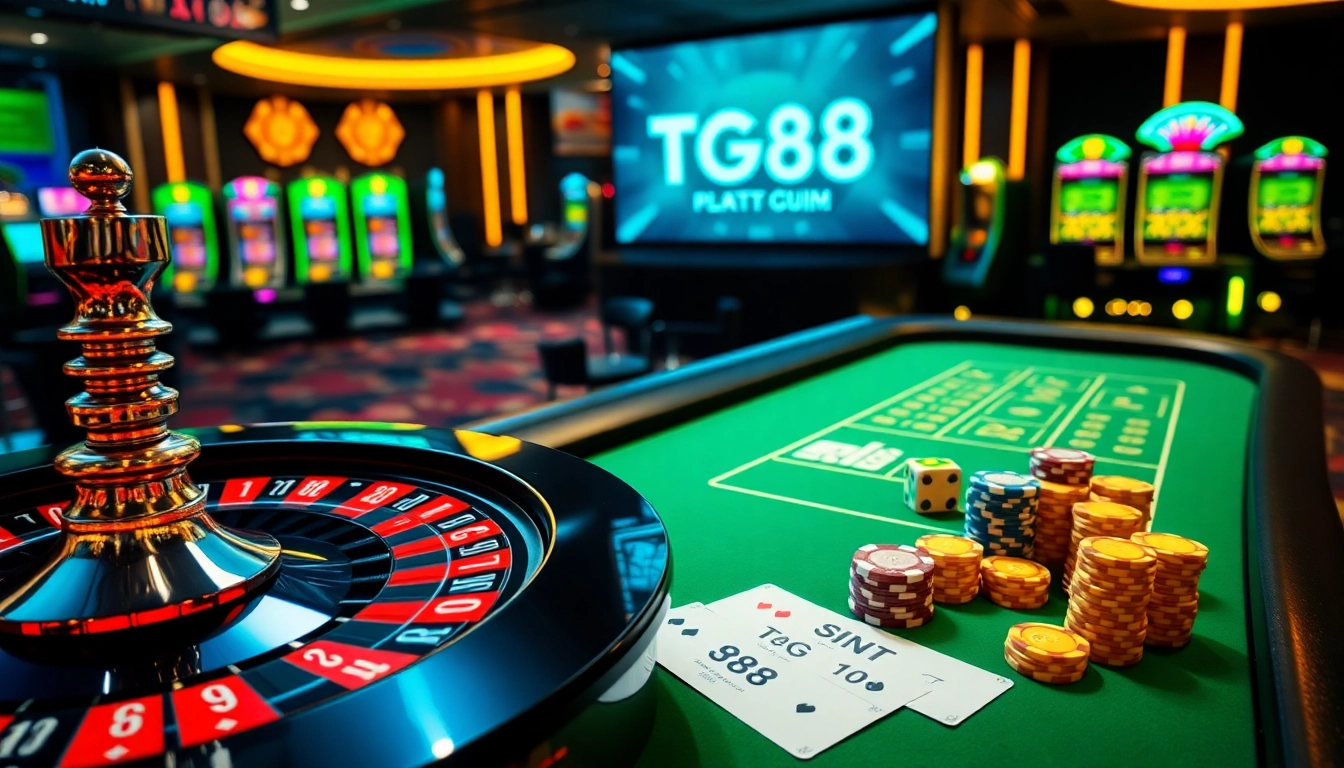 Exciting casino experience showcasing tg88 gaming platform with roulette, poker tables, and vibrant slot machines.