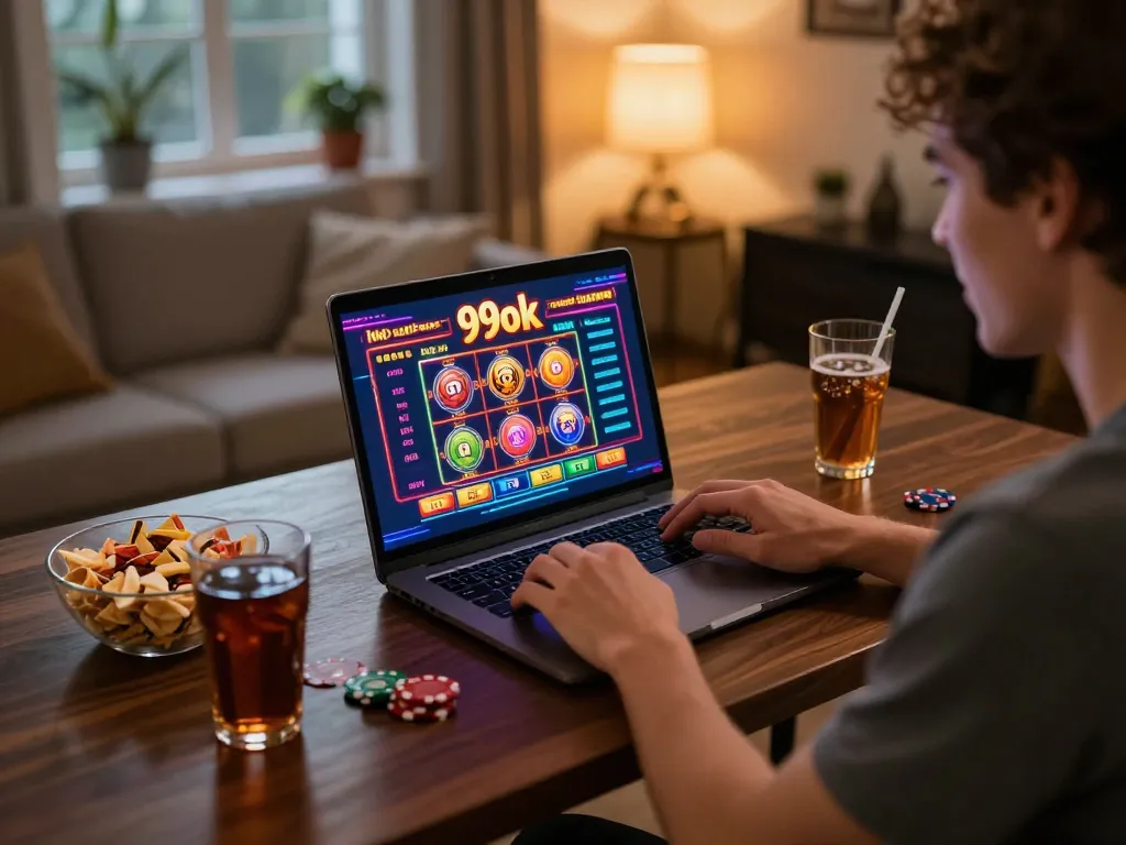 Player engaged with 99ok online casino on laptop, showcasing an exciting gaming moment at home.