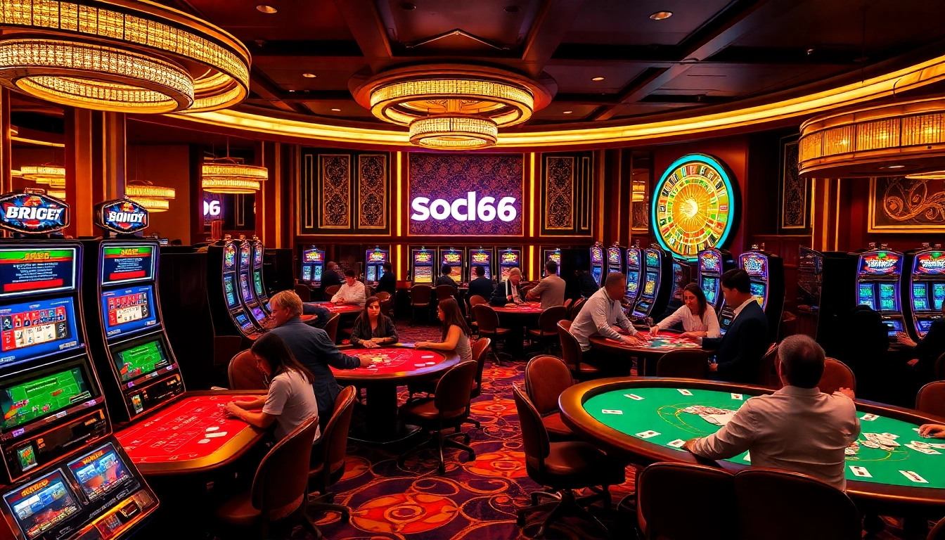 Engaged players at SODO66 casino tables, enjoying poker and slot machines in a vibrant atmosphere.