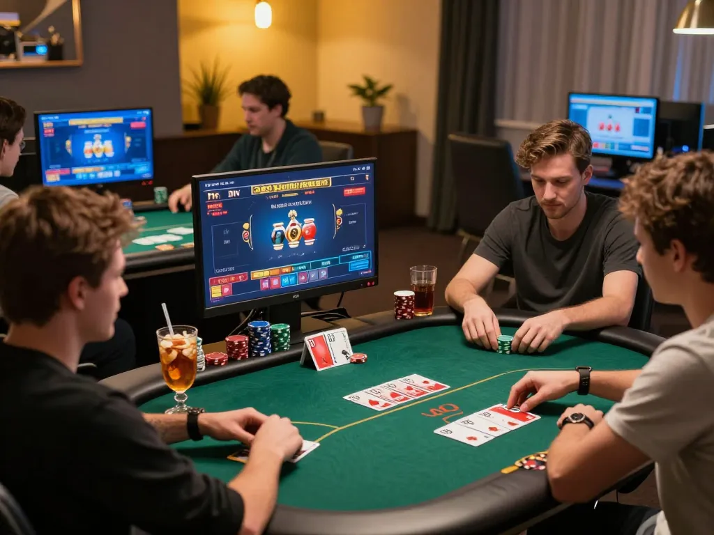 Players engaged in intense NOHU90 online poker match showcasing strategic gameplay and excitement.
