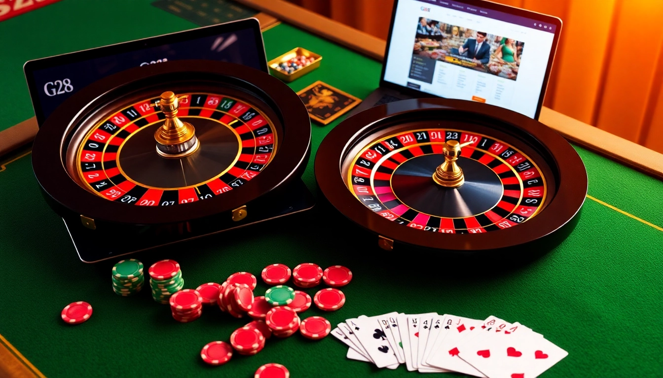 Players engaging with G28 casino features at an opulent online gaming table with roulette and cards.