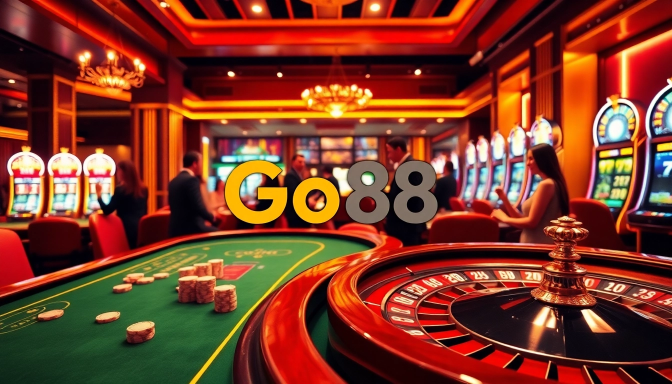 A thrilling gaming scene at https://go88.talk/ featuring engaged players at poker and roulette tables, showcasing excitement and luxury.