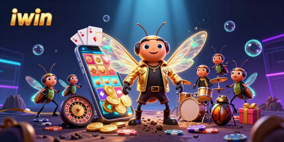 Engage with iwin's dynamic gaming scene featuring a rock star cicada and exciting casino elements.