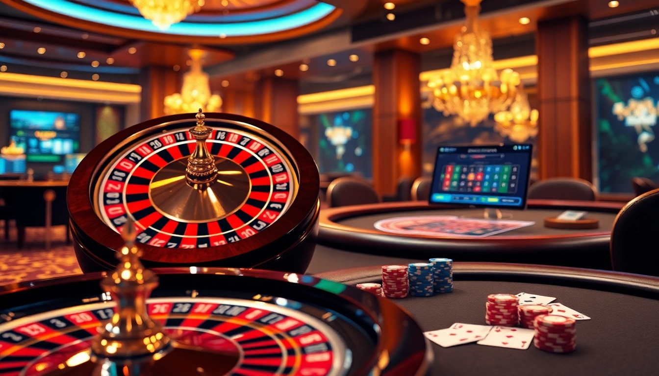 Experience the thrill of tỷ lệ nhà cái in an elegant casino scene featuring roulette wheels and poker tables.