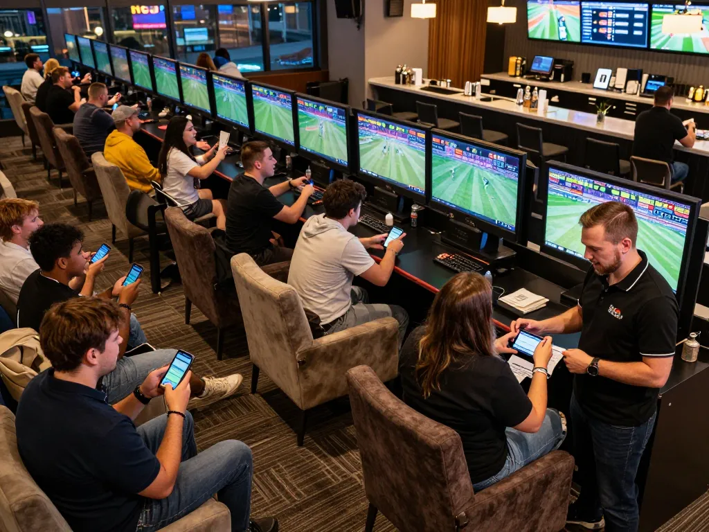 Sports bettors engaging with live betting at 58win's high-energy sportsbook.