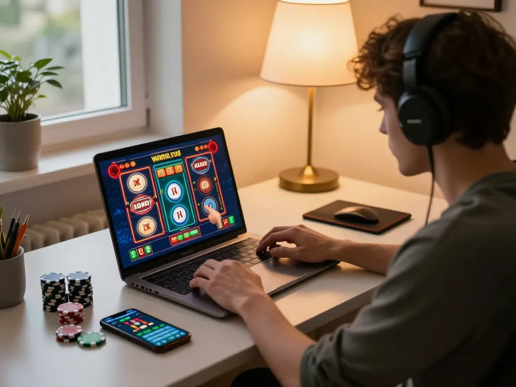 Player spinning the reels on a slot gacor game during an online casino session in a cozy home environment.
