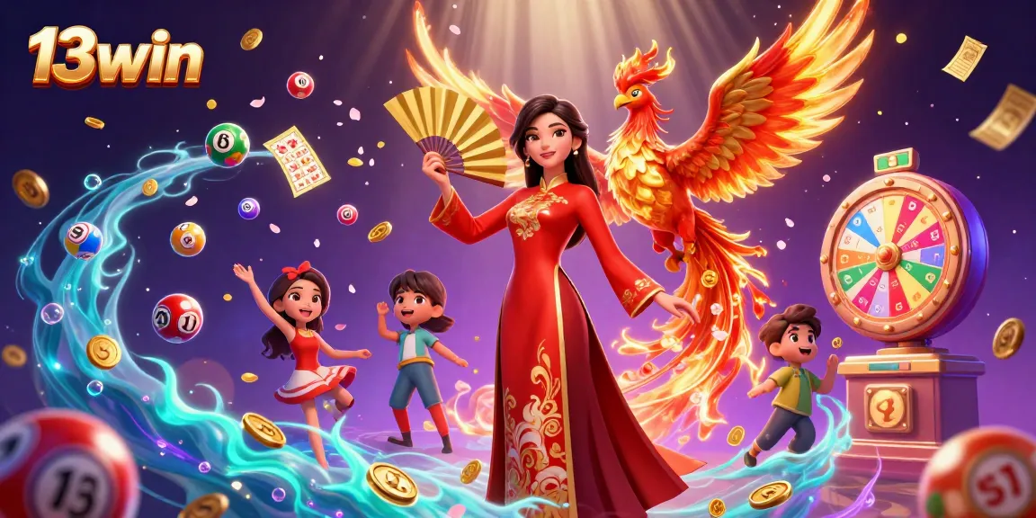 Experience 13win's vibrant lottery scene with numbered balls and a dazzling phoenix.