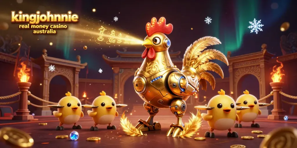 A dynamic illustration depicting kingjohnnie real money casino australia experience with a futuristic golden rooster robot and flying chick drones.