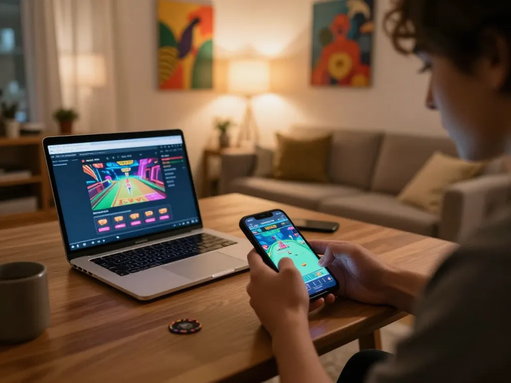 Engaging in mobile gaming at home with the online platform https://mm88.se.net/ on the smartphone screen.