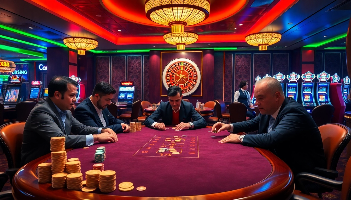 Engaging poker players at Nhà cái X88 casino table with colorful chips and vibrant atmosphere.