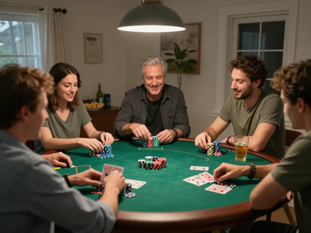 Engaging home poker night scene showcasing friends enjoying strategic gameplay at https://99win.actor/.