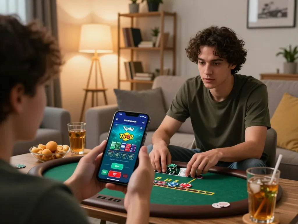 Engaging with the Tip88 app for live dealer blackjack in a cozy home setting.