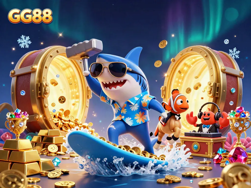 Experience GG88 with vibrant characters surfing waves of gold coins in a lively casino scene.