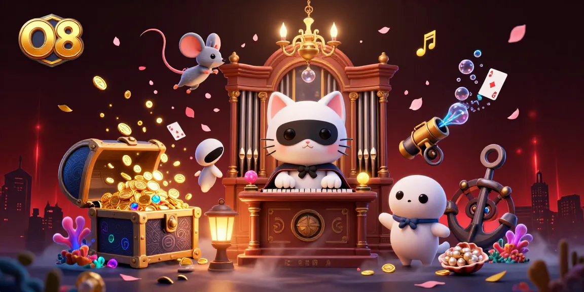 Experience the enchanting O8 casino atmosphere with this dynamic 3D illustration of gaming fun, featuring a masked cat and acrobat.