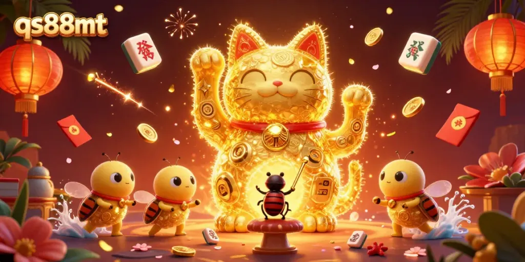 Experience the excitement of qs88mt with a lively lucky cat and casino-themed elements