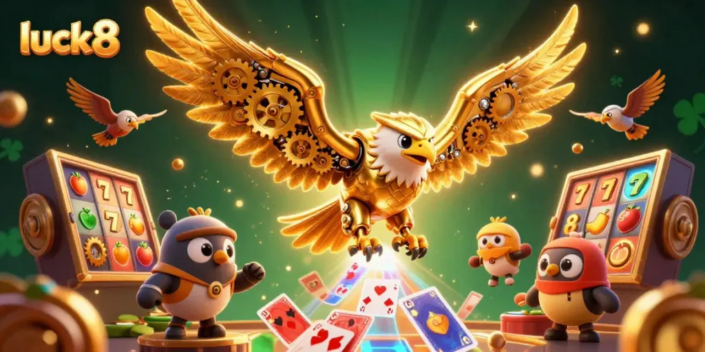Experience luck8 excitement with a dynamic illustration of a cybernetic golden eagle among casino symbols, diving through holographic cards.