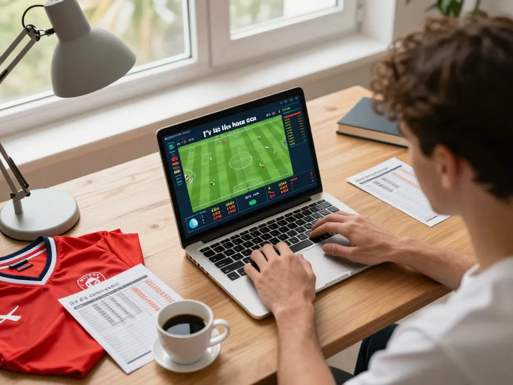 Engaged user analyzing tỷ lệ kèo nhà cái on laptop for strategic sports betting in a cozy home office.