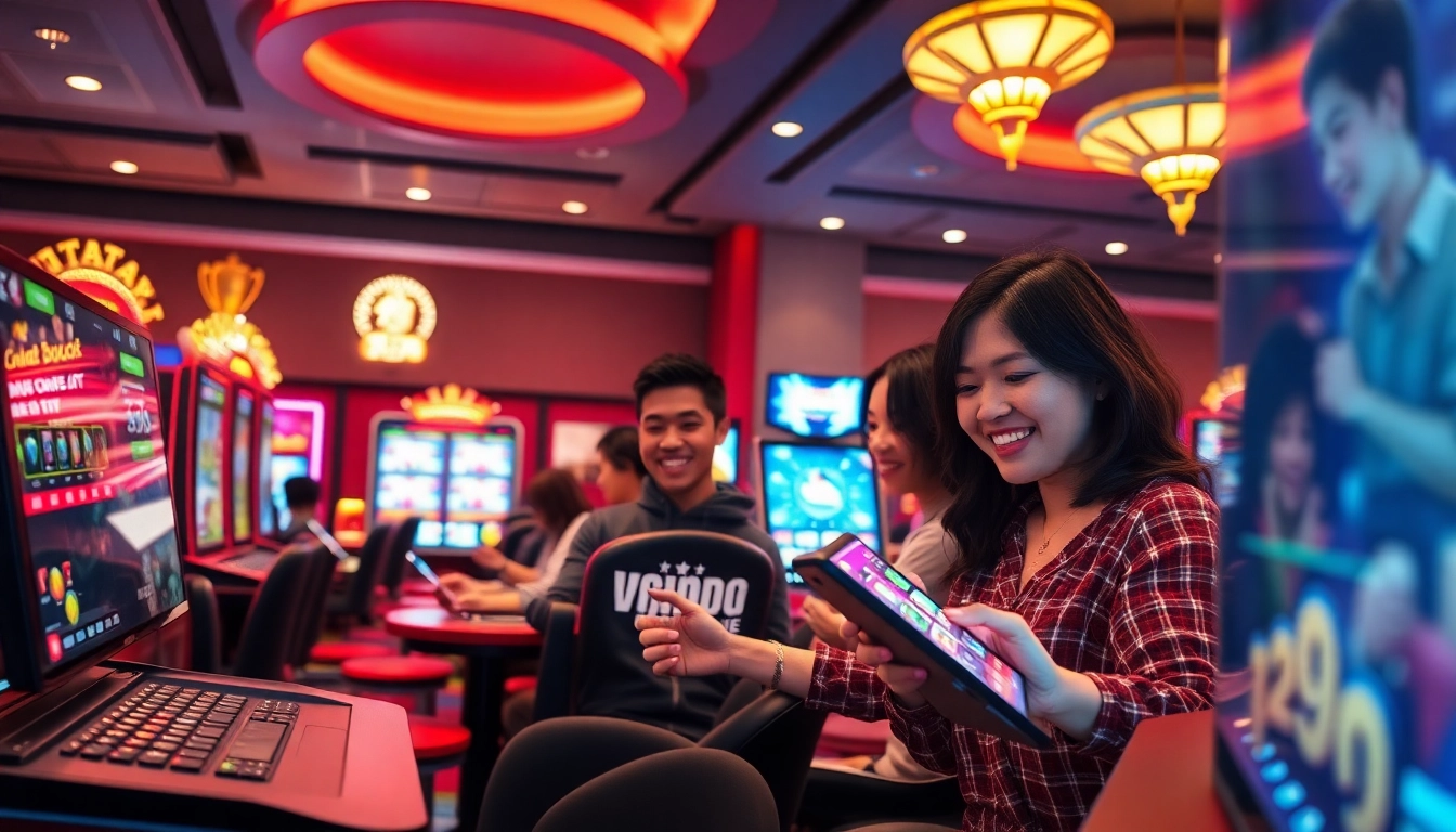 Engaging scene of players enjoying games at https://rikvipcom.io/ with vibrant colors and digital devices.