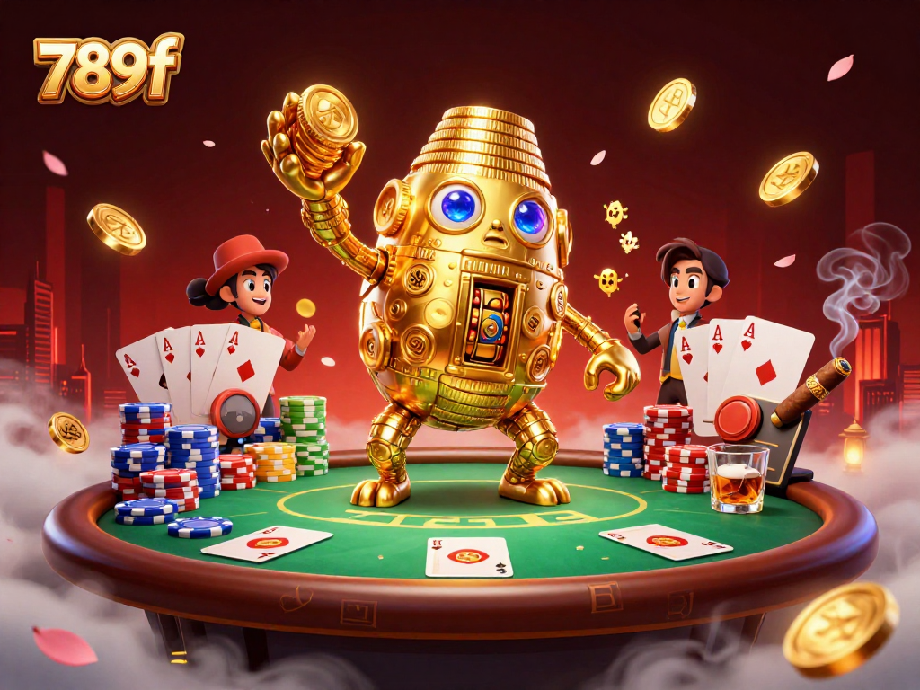 Experience thrilling action and rewards at 789f with a golden golem and poker elements in this vibrant casino scene.