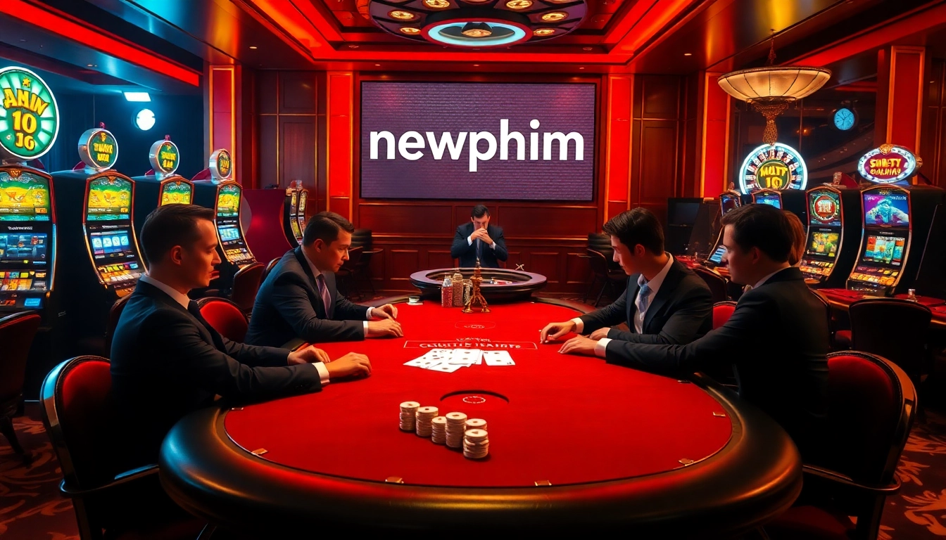 Players enjoy high-stakes poker with "newphim" highlighted at a luxurious casino.