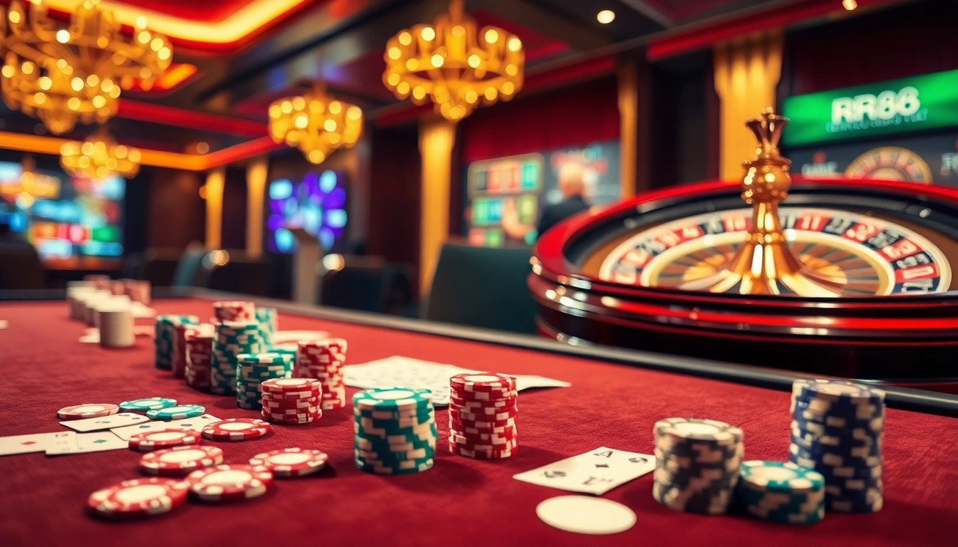 Players engaging in an exciting game at https://rr88.bar/, capturing the thrill of casino action with vibrant chips and cards.