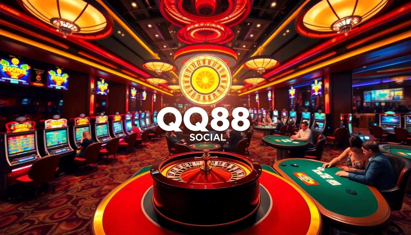 Players enjoying games at QQ88 Social casino, featuring vibrant slot machines and a roulette wheel.