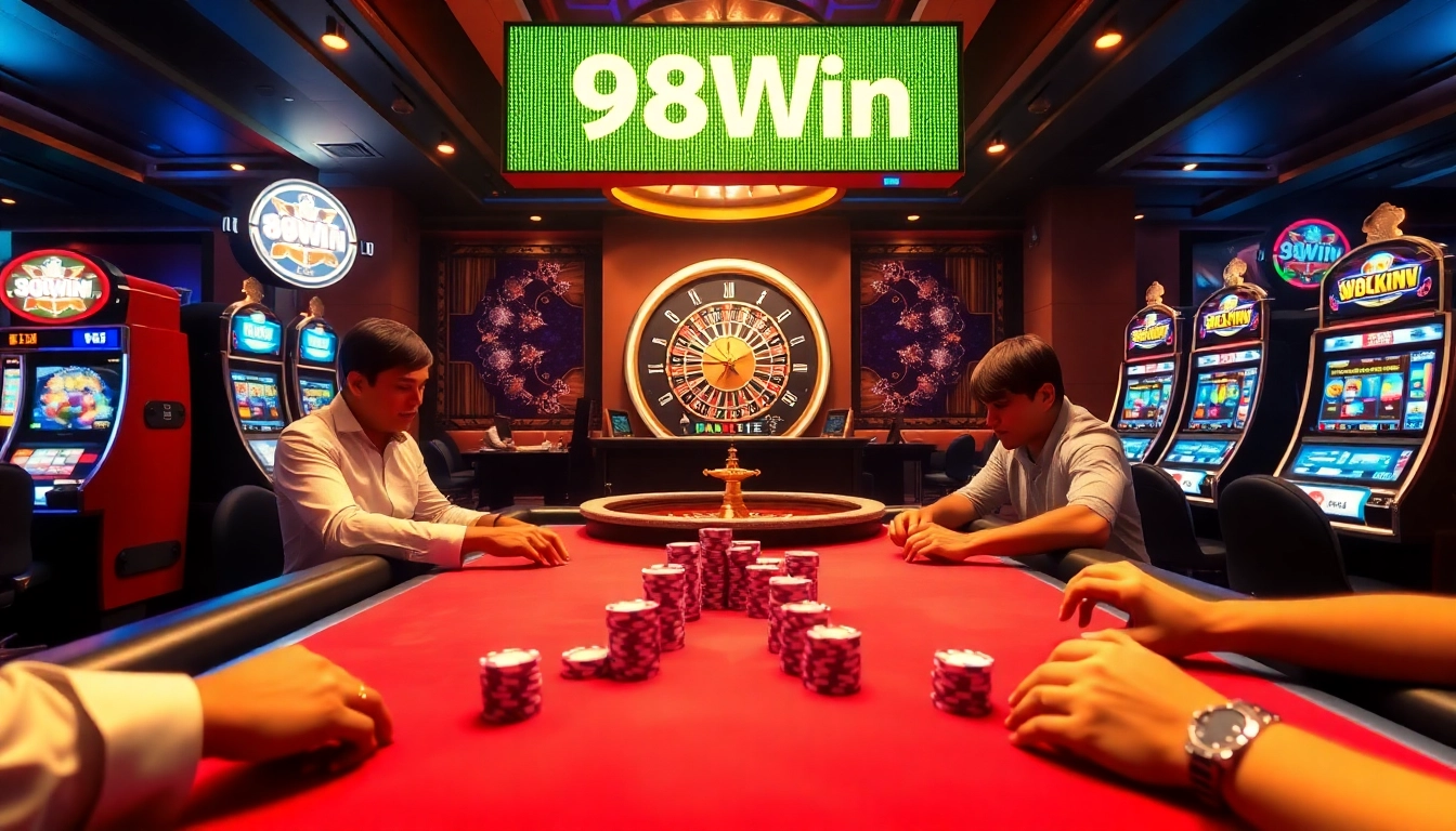 Experience thrilling gameplay at 98Win’s vibrant poker table amidst casino excitement.