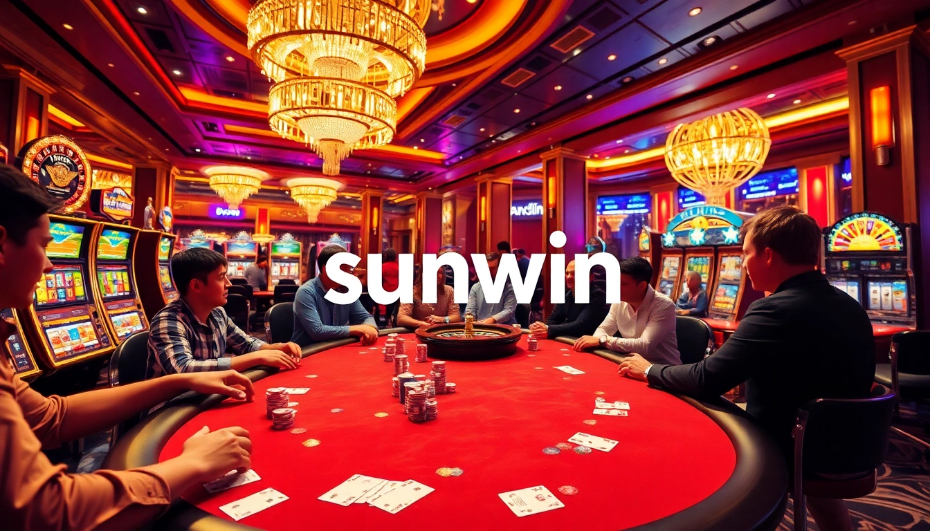 Players enjoying games at sunwin casino with poker chips and bright slot machines