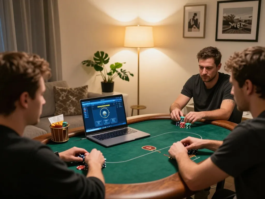 Players enjoying online poker with EE88 interface in a cozy home setting