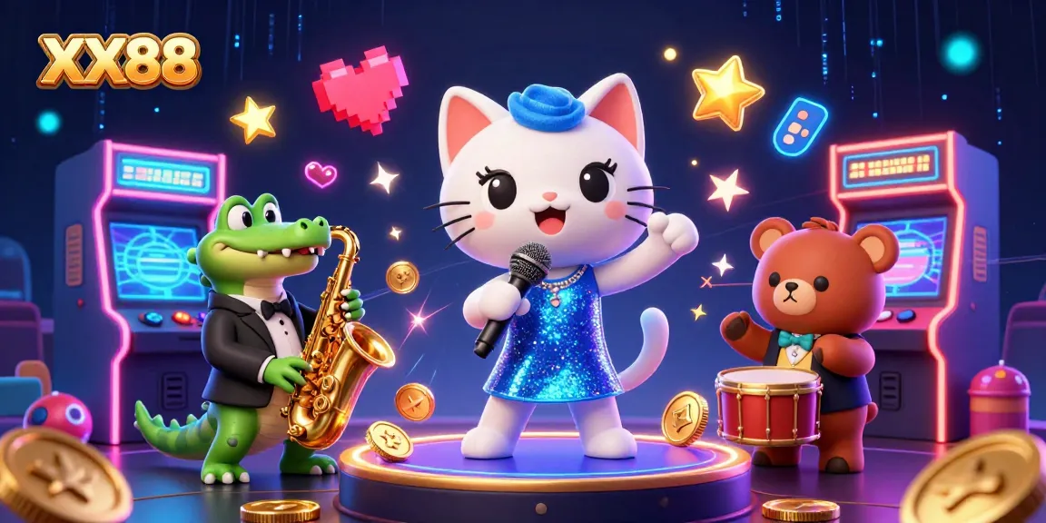 Experience the thrill of XX88 casino with vibrant characters in a lively jackpot scene filled with games and entertainment.