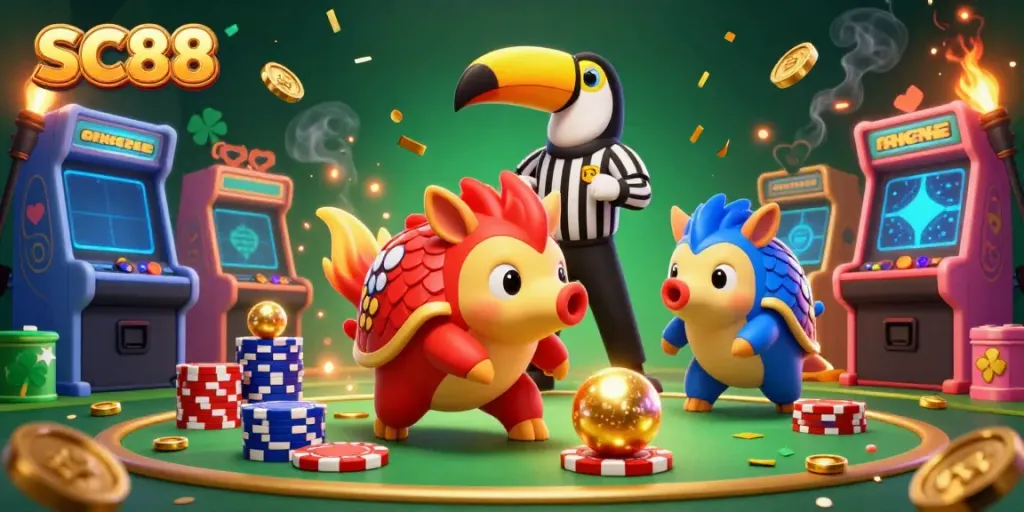 SC88 features rival pangolins bowling through poker chips in a vibrant 3D casino scene.