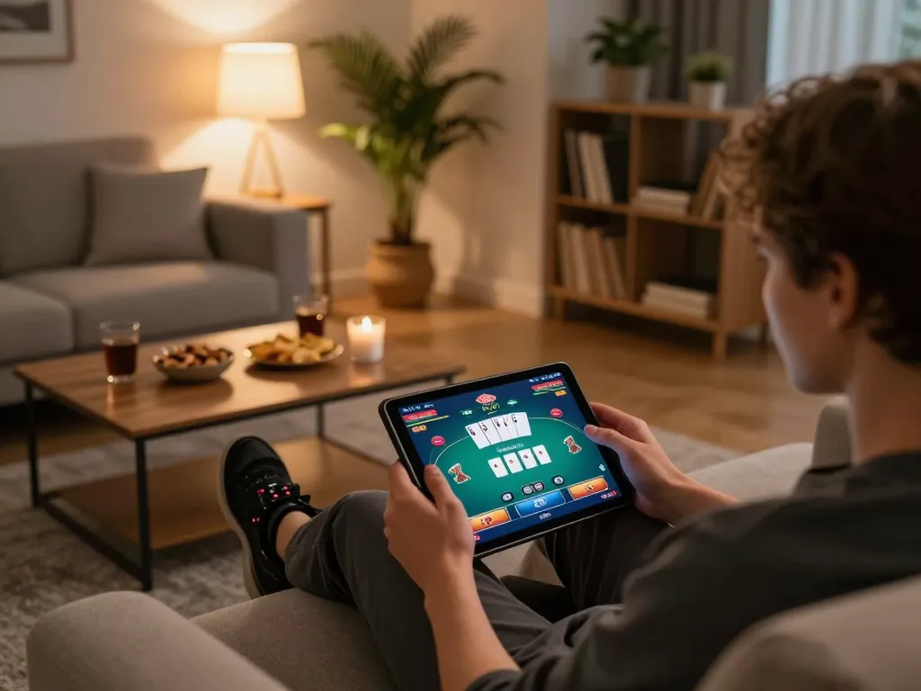 Playing poker online at home with the HI88 app on a tablet, showcasing a cozy atmosphere.
