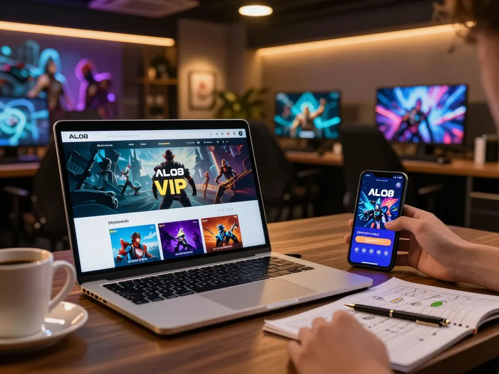 Engaging online gaming scene featuring ALO8 VIP platform on laptop and smartphone.
