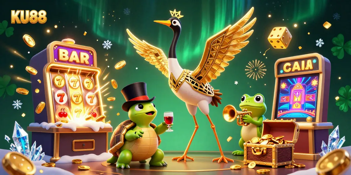 Experience excitement with KU88 slot machine and casino characters in a vibrant 3D illustration.