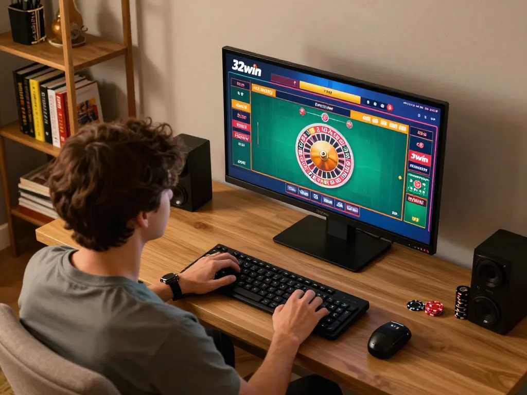 Player engaging with 32win online casino, focused on a thrilling roulette game.