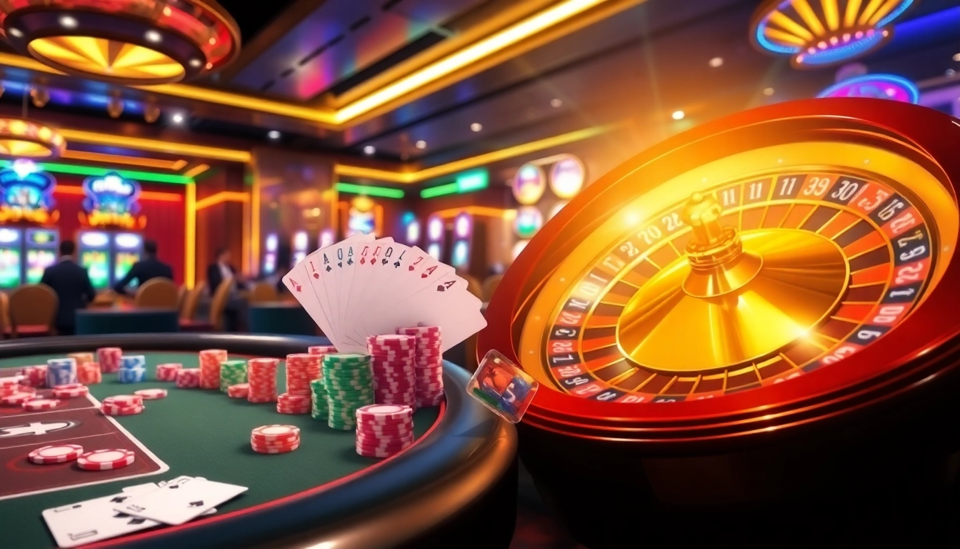Exciting casino scene illustrating gamblers engaging with Link Hitclub mới nhất, featuring poker tables and slot machines.