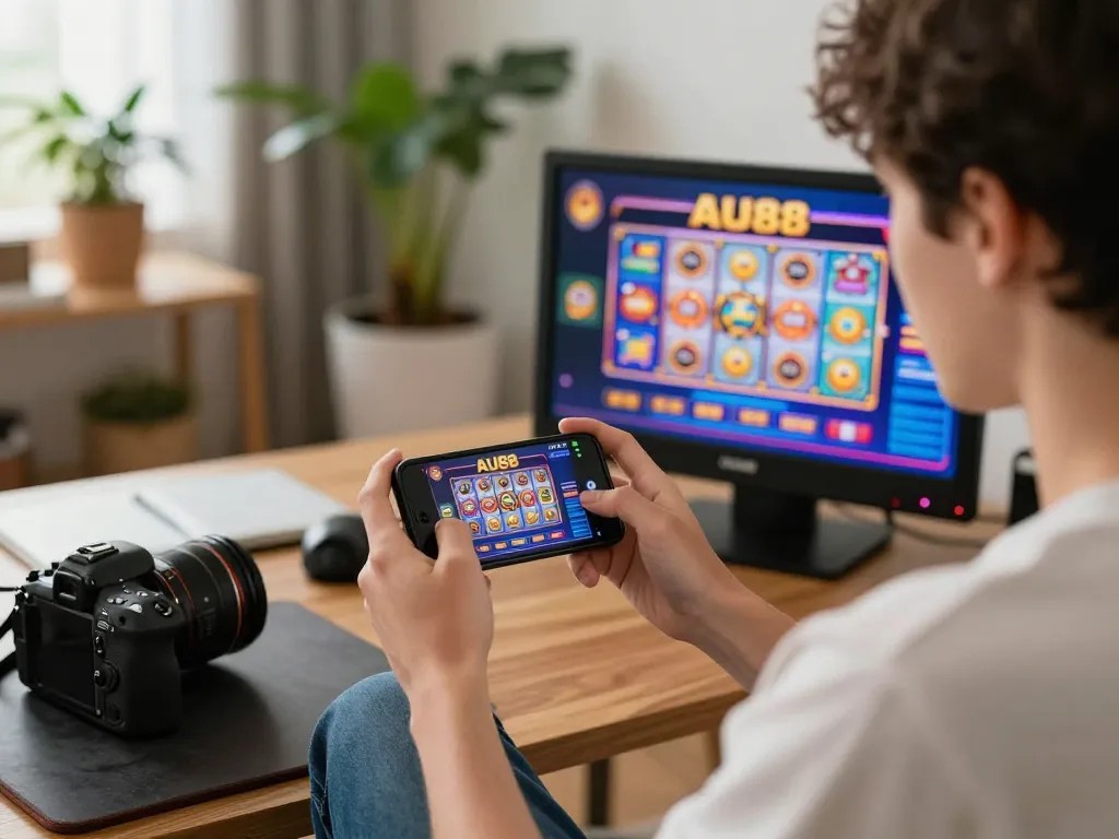 Engaged player using a smartphone for AU88 mobile casino gaming in a cozy home setup.