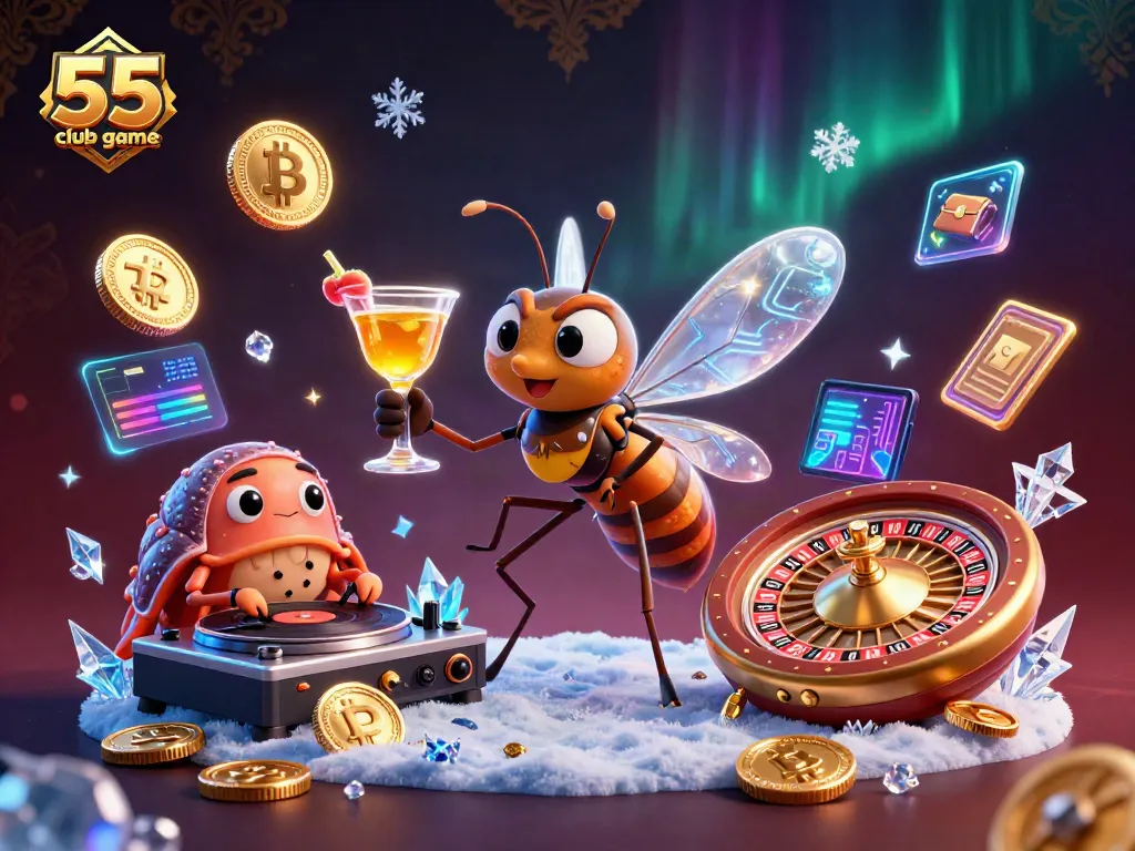 Experience the excitement of 55 club game with unique casino characters and crypto elements lighting up the scene.