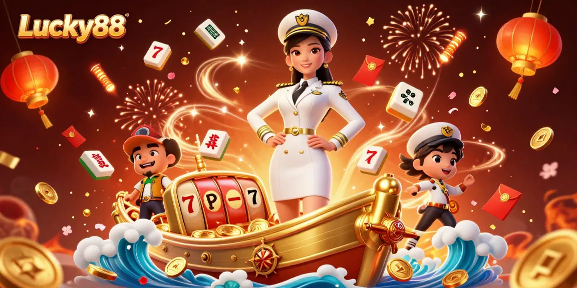 Experience the excitement of Lucky88 with vibrant slot reels and festive elements in a dazzling illustration.