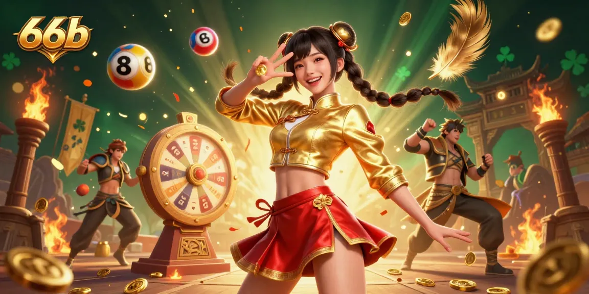 Experience thrilling wins at 66b with a vibrant Asian casino scene featuring spinning prizes, tokens, and lively characters.