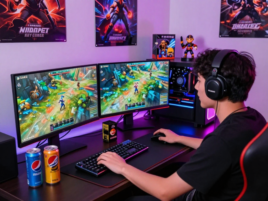 Engaged gamer showcasing KOMBET168 gameplay setup with dual monitors and vibrant game graphics.