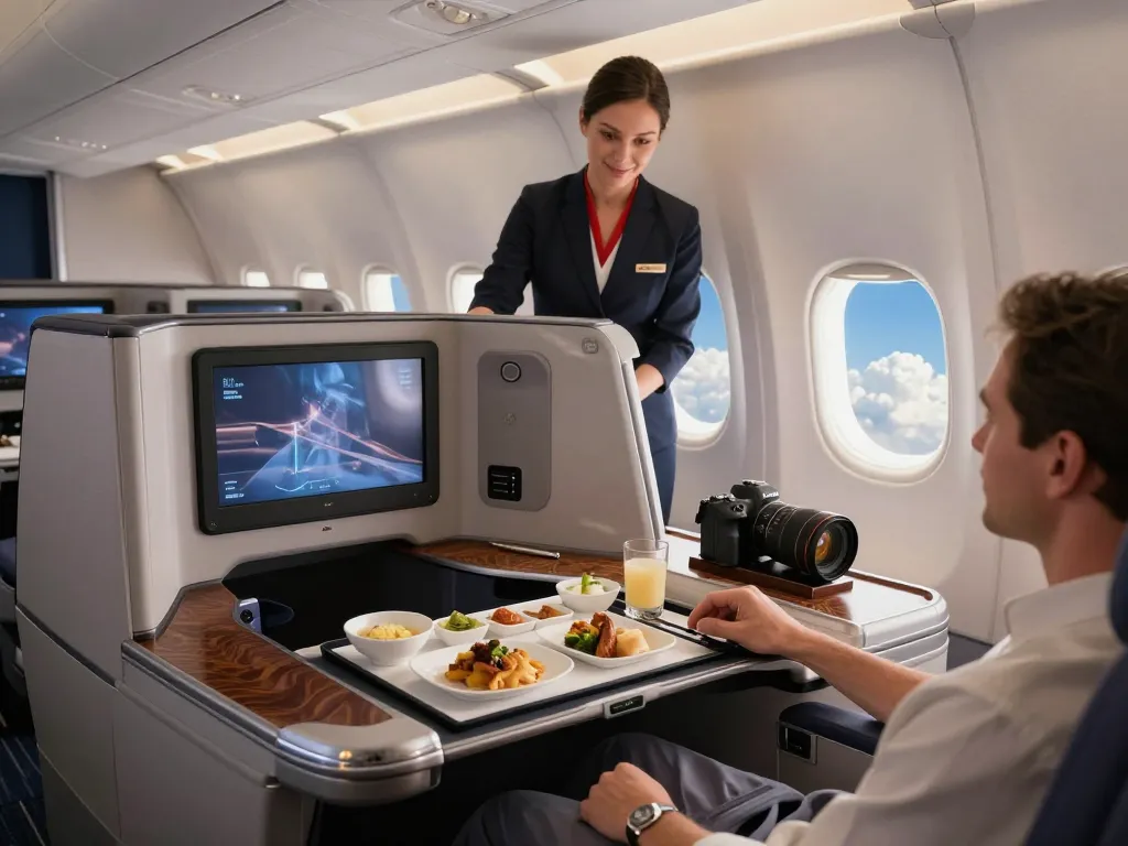 Passenger experiencing luxury in link 789P business class cabin, enjoying gourmet meal and spacious seating