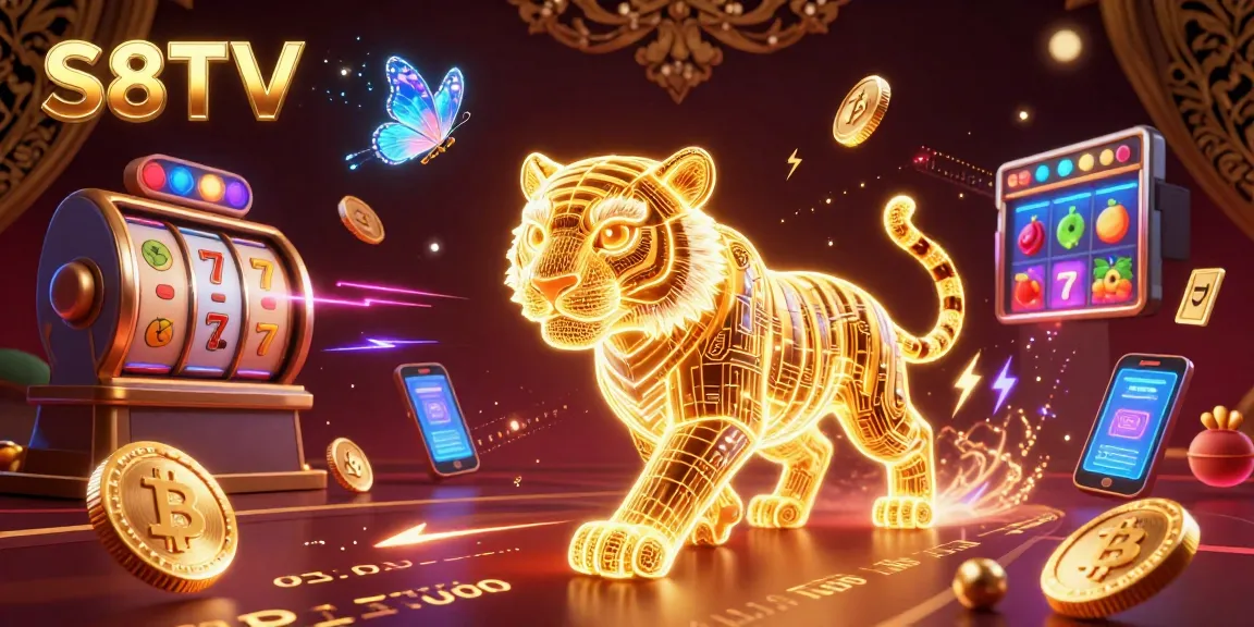 S8TV captivates players with a vibrant digital casino scene featuring a neon tiger and colorful slot reels.