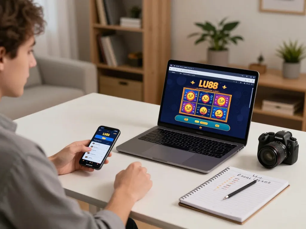 Player engaging with LU88 online gaming interface on laptop, showcasing vibrant slots and poker