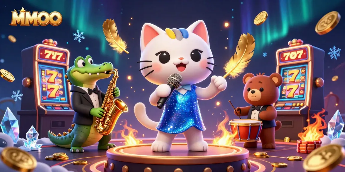MMOO casino scene featuring a singing cat, saxophone crocodile, and bear cub celebrating winning on slot machines.
