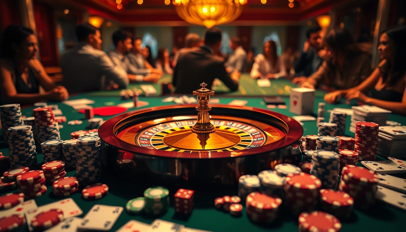 The thrilling atmosphere of gambling at https://1mm888.com/ with a roulette wheel, poker chips, and players.
