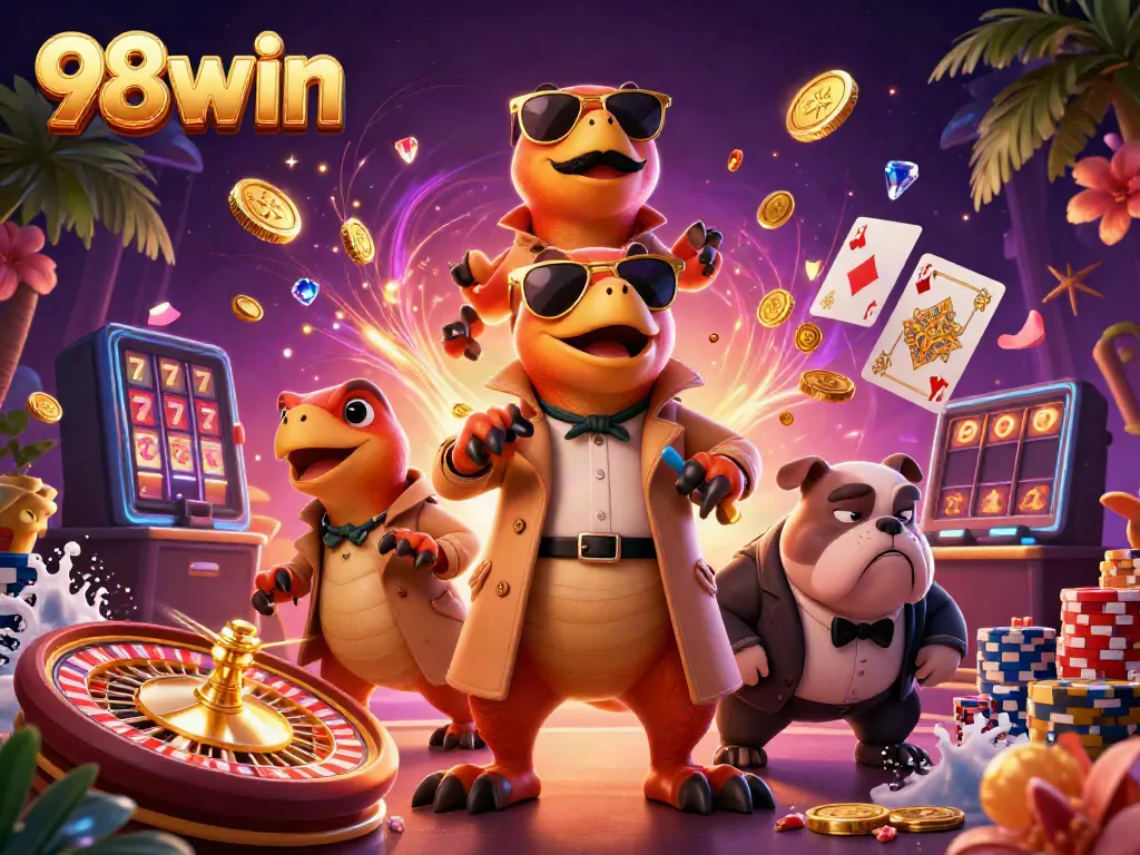 Experience the excitement of 98win at a VIP casino with lively characters and dynamic gaming elements.